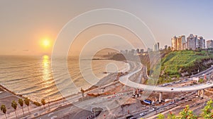 Aerial sunset view of Lima's Coastline in the neighborhood of Miraflores timelapse, Lima, Peru