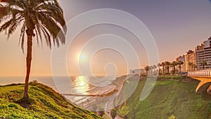 Aerial sunset view of Lima's Coastline in the neighborhood of Miraflores timelapse, Lima, Peru photo