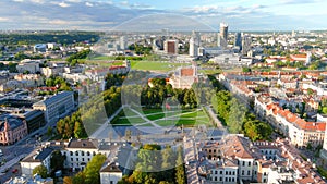 Aerial sunset view of newly renovated Lukiskes square, Vilnius, Lithuania