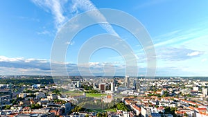 Aerial sunset view of newly renovated Lukiskes square, Vilnius, Lithuania