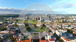 Aerial sunset view of newly renovated Lukiskes square, Vilnius, Lithuania