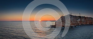 Aerial sunset view over cape Kaliakra, huge cliffs on black sea