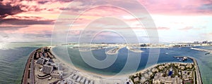 Aerial sunset view of Palm Jumeirah Island in Dubai