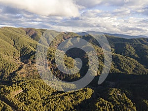 Aerial sunset view of Rhodopes mountain, Babyak,Bulgaria