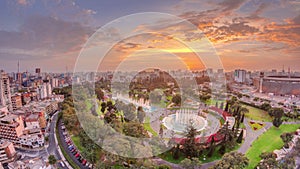 Aerial sunset view to Park of the Reserve with magic water circuit biggest fountain complex timelapse photo