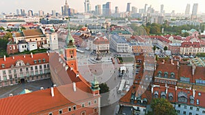 Aerial sunset view of Warsaw Royal Castle and the Castle Square, Poland