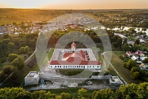 Aerial sunset view of a Zbarazh Castle in Zbarazh town, Ternopil region, Ukraine photo