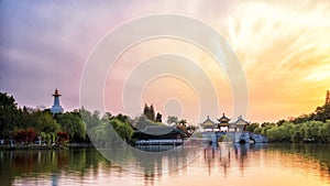 aerial of Sunset at Wuting Bridge, Slender West Lake, Yangzhou City, Jiangsu Province, China