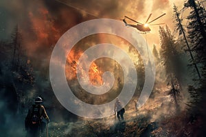 Aerial support joins firefighters on the ground amidst a fierce forest blaze, showcasing their courageous battle against the