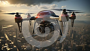 aerial surveillance drone Check safety property People living and traveling in city Concept safety and convenience modern society