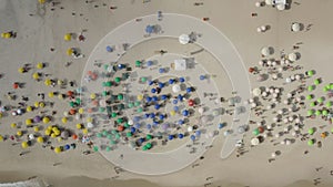 Aerial, sweeping view of a crowded Ipanema beach in Rio de Janeiro