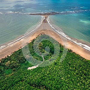 Aerial symmetric view of Ballena Marine National Park, the National Park of Costa Rica