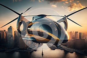 Aerial taxi of the future, autonomous driverless aerial vehicle flying on city background, passenger autonomous aerial vehicle in