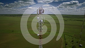 Aerial telecommunication antenna communication celluar cellphone relay tower. Close-up shot.