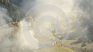 Aerial of thick smoke at mountain. Fir, leafy forest in smoky fog. Autumn nobody nature landscape