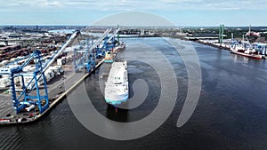 Aerial Timelapse of a Cargo Ship Docking at Port and a Vehicle Carrier Ship Departing Port of Philadelphia