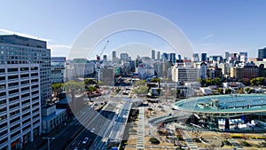 aerial timelapse street road view among city center of Nagoya in Chubu region business district area