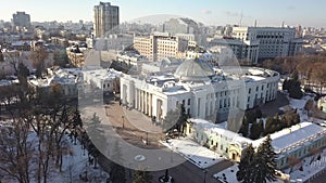 Aerial to Verkhovna Rada parliament of Ukraine and center of Kyiv city