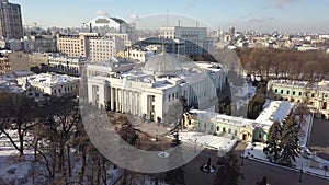 Aerial to Verkhovna Rada parliament of Ukraine and center of Kyiv city