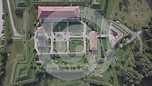 Aerial to Zolochiv palace castle and ornamental garden in Lviv region, Ukraine