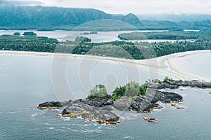 Aerial of Tofino inlet with islands