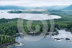 Aerial of Tofino inlet with islands