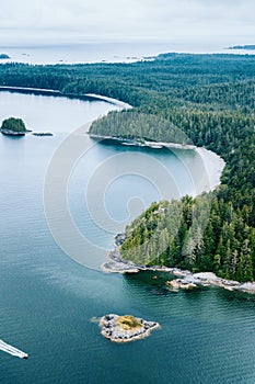 Aerial of Tofino inlet with islands