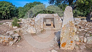 Aerial tomb of the giants in Sardinia big megalith stone standing in field archeological monument history