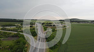 Aerial top down 4k view highway. Road interchange or highway intersection