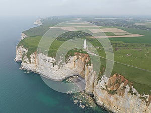 Aerial top down drone image of the cliffs of etretat in Normandy, France