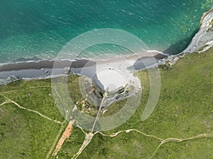 Aerial top down drone image of the cliffs of etretat in Normandy, France