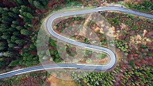 Aerial top down drone shot above the winding mountain road between the trees