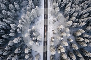 Aerial top down drone view of road through winter forest