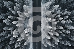 Aerial top down drone view of road through winter forest