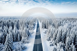 Aerial top down drone view of road through winter forest