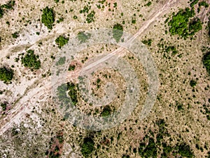 Aerial top down of field in Bom Jardim during summer in Nobres countryside in Mato Grosso