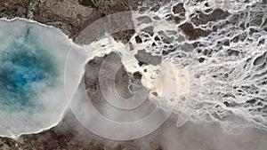 Aerial top down flight on geyser inside, Iceland, 4k