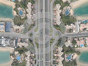 Aerial top down panoramic shot of the Palm Jumeirah artificial island details. Dubai, UAE