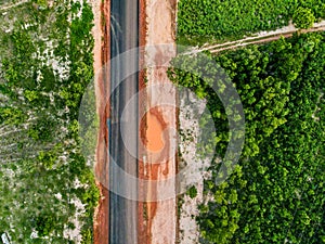 Aerial top down of road in the countryside during summer in Mato Grosso
