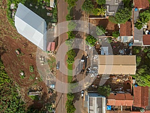 Aerial top down of roofs and rural roads in Tangara da Serra in Mato Grosso