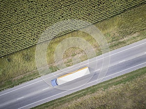 Aerial top down shot. Lorry truck on the highway. Rostov-on-Don.