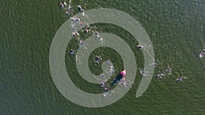 Aerial top down of swimmers at triathlon race bypass buoy floating on water