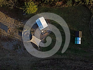 Aerial top down of tent on camp grounds in the Appalachian mountains in rural Central Pennsylvania