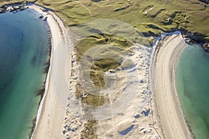 Aerial top down view on amazing Dog`s bay beach near Roundstone town in county Galway, Sandy dunes and beach and blue turquoise