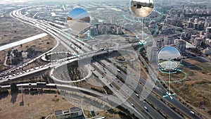 Aerial Top Down View: Autonomous Self Driving Car Moving Through City, Overtaking Other Vehicles. Animated Scanning