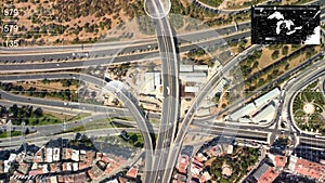 Aerial Top Down View: Autonomous Self Driving Car Moving Through City, Overtaking Other Vehicles. Animated Scanning