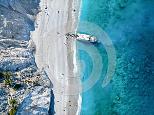 Aerial top down view of the beautiful beach of Lalaria, Skiathos island