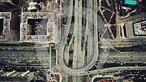 Aerial top down view of a big city road interchange