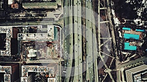 Aerial top down view of a big city road interchange