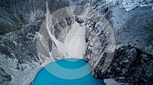 Aerial top down view on blue waters of Laguna 69 at 4800m above the sea level